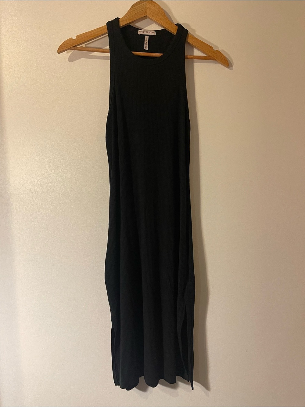 Funky Buddha Black Ribbed Knit High Neck Side Slit Bodycon Midi Tank Dress M